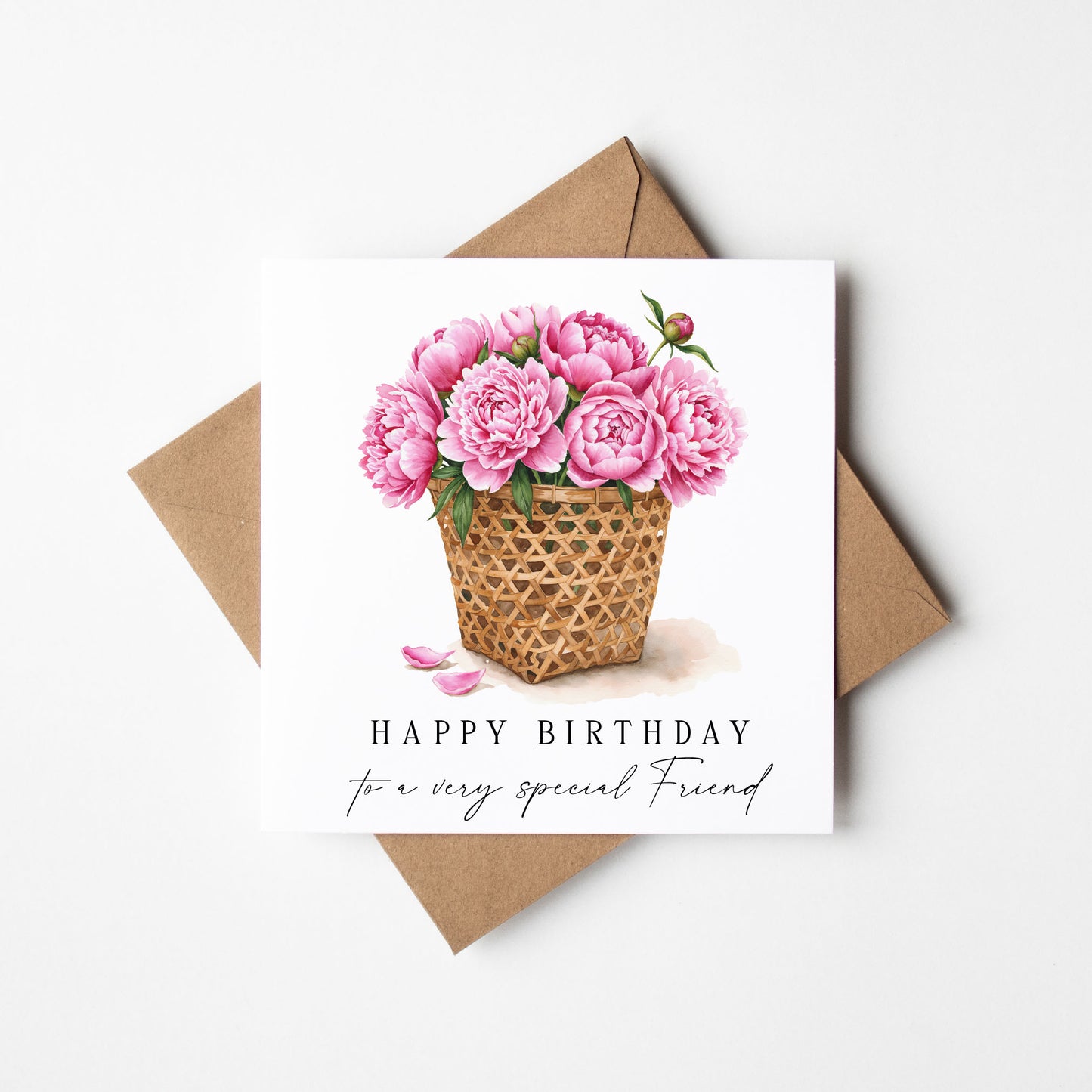 Birthday Card, to a special friend pink basket of peonies bouquet flower card with envelope
