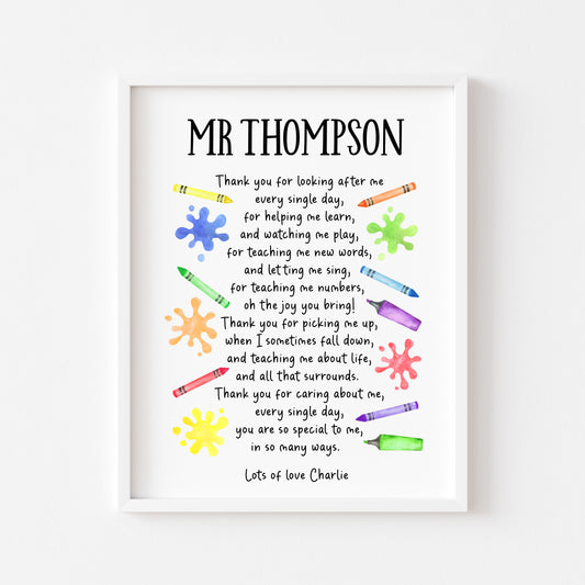 Personalised Thank you Nursery teacher poem unframed print personalised colourful crayons thank you gift for nurseries teachers support