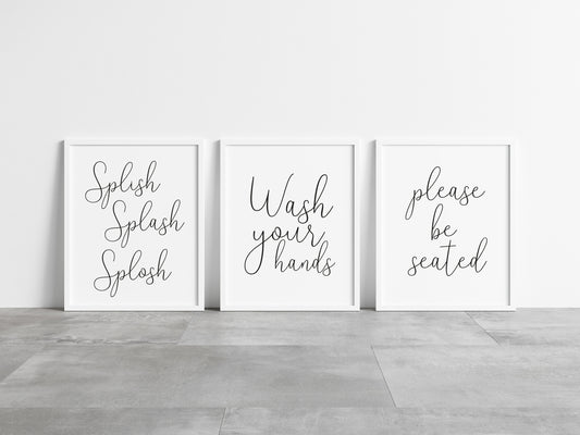 Set of 3 bathroom prints, Splish splash splosh, wash your hands, please be seated unframed wall art posterprints
