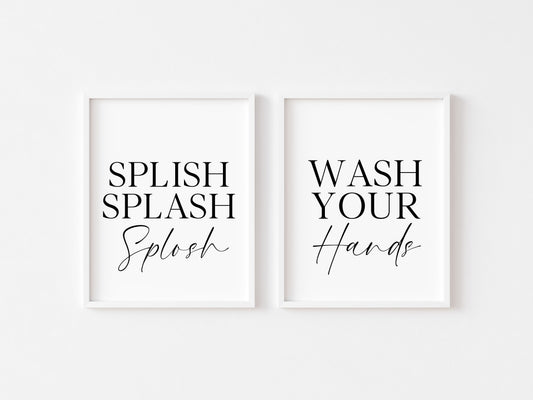 Set of 2 bathroom prints, splish splash splosh, wash your hands set of bathroom unframed wall art poster prints, set of bathroom wall art