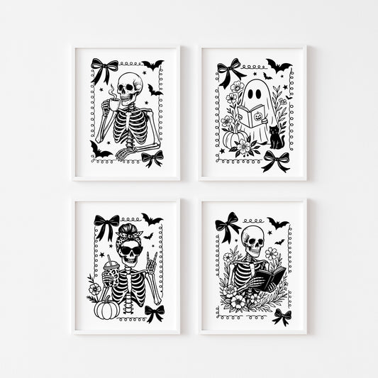 Halloween prints, spooky monochrome black & white ghost skeleton coffee book reading seasonal halloween unframed wall art poster prints