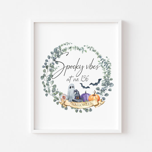 Spooky Vibes at no. (house number) Halloween watercolour seasonal unframed wall art poster print