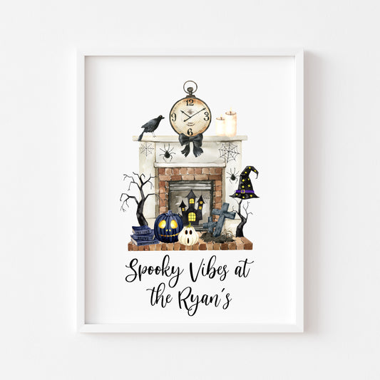 Halloween at the, spooky vibes at the personalised family halloween fireplace seasonal unframed wall art poster print