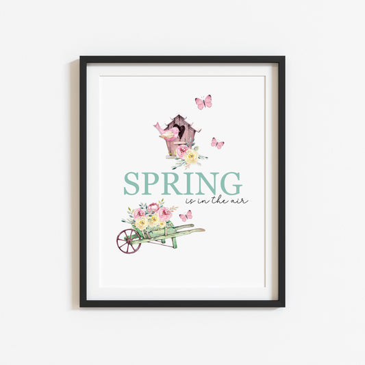Hello Spring, spring time floral wheelbarow green & pink birds illustration seasonal unframed wall art poster print