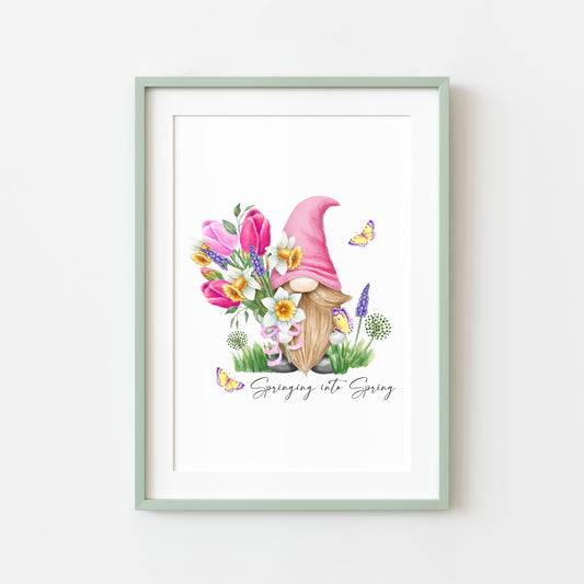 Springing into spring gnome gonk floral watercolour seasonal unframed wall art poster print