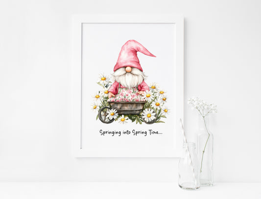 Springing into Spring time pink gnome gonk garden flowers spring home bedroom unframed wall art poster print