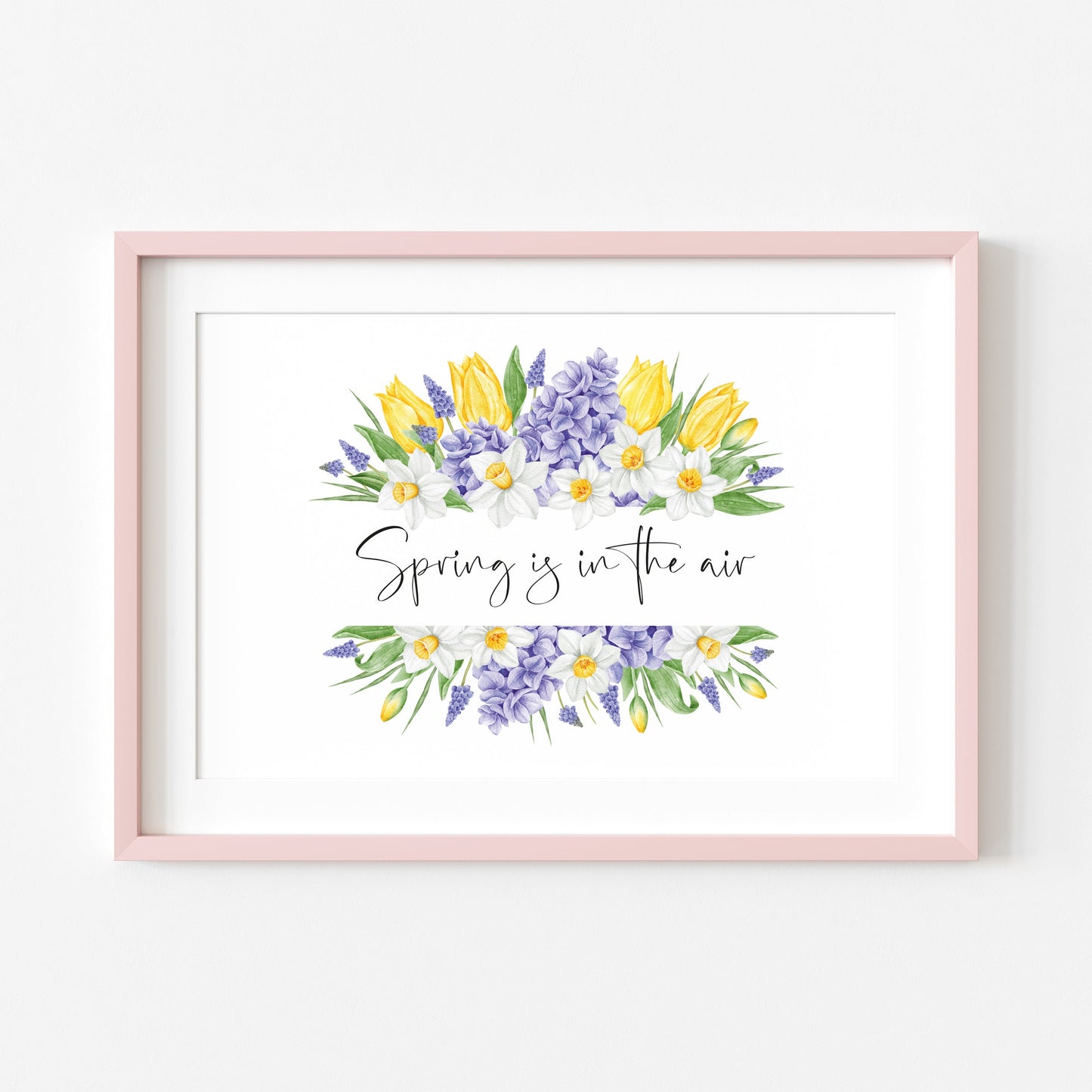 Spring is in the air landscape spring tulips and daffodils floral wreath illustration unframed wall art poster print