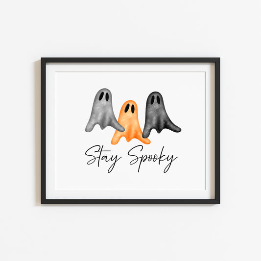 Stay spooky watercolour ghost trio halloween landscape watercolour illustration unframed wall art poster print