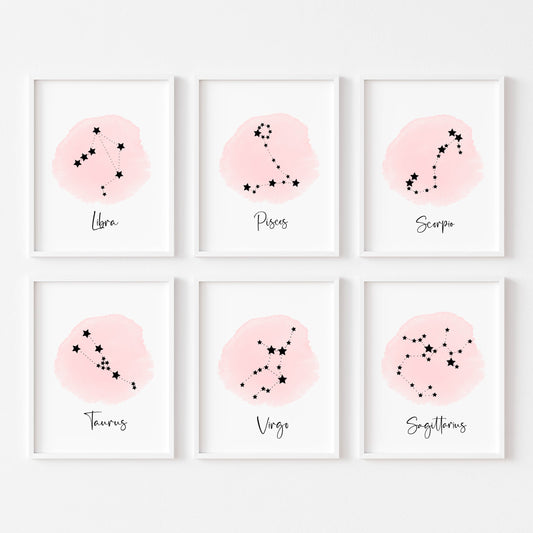 Star sign print, pink watercolour constellation star sign celestial bedroom gift unframed wall art poster print