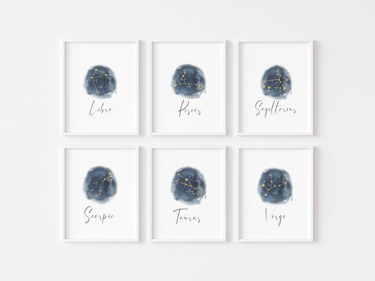 Zodiac Star Sign Print Blue Watercolour Celestial Wall Art (unframed)