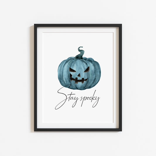 Halloween print, stay spooky, teal blue green halloween face seasonal watercolour unframed wall art poster print