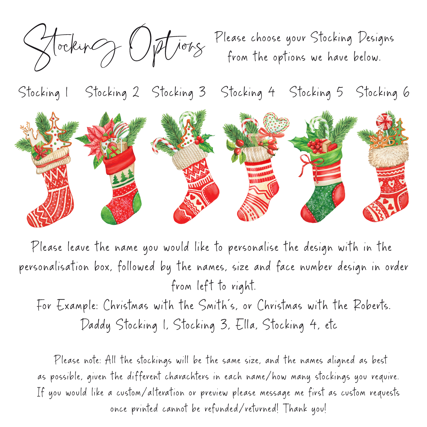 Personalised Christmas stocking family print red & green stockings winter watercolour wreath unframed wall art poster print