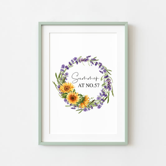 Personalised summer print, Summer vibes at no. house personalised sunflower & lavender wreath unframed wall art poster print