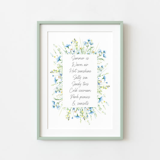 Summer print summer favourites blue wildflower watercolour wreath unframed wall art poster print
