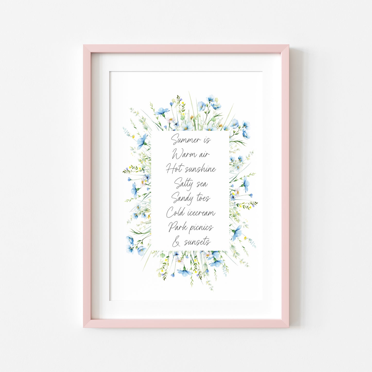 Summer print summer favourites blue wildflower watercolour wreath unframed wall art poster print