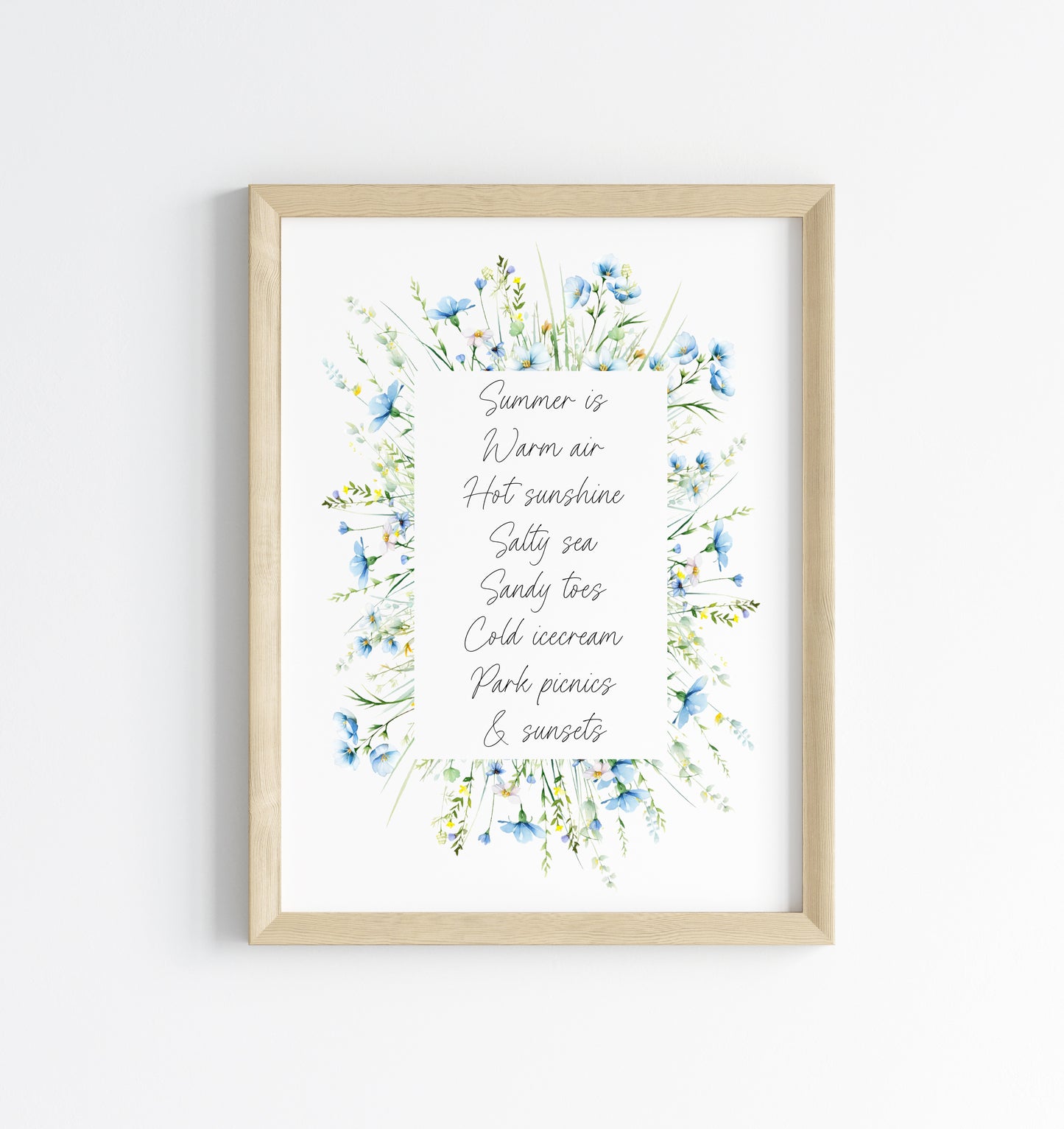 Summer print summer favourites blue wildflower watercolour wreath unframed wall art poster print