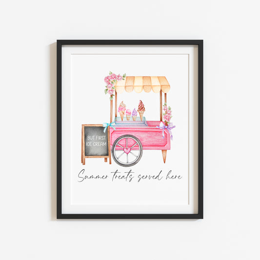 Summer treats served here ice cream truck pink art illustration unframed wall art poster print