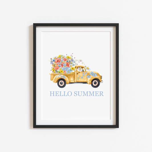 Hello summer watercolour floral yellow wildflower truck unframed wall art poster print