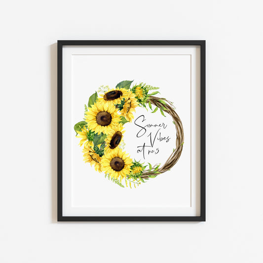 Summer print, Summer Vibes at No. (personalised) sunflower style watercolour unframed wall art poster print