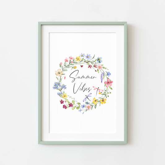 Summer print Summer Vibes pretty wildflower watercolour wreath unframed wall art poster print