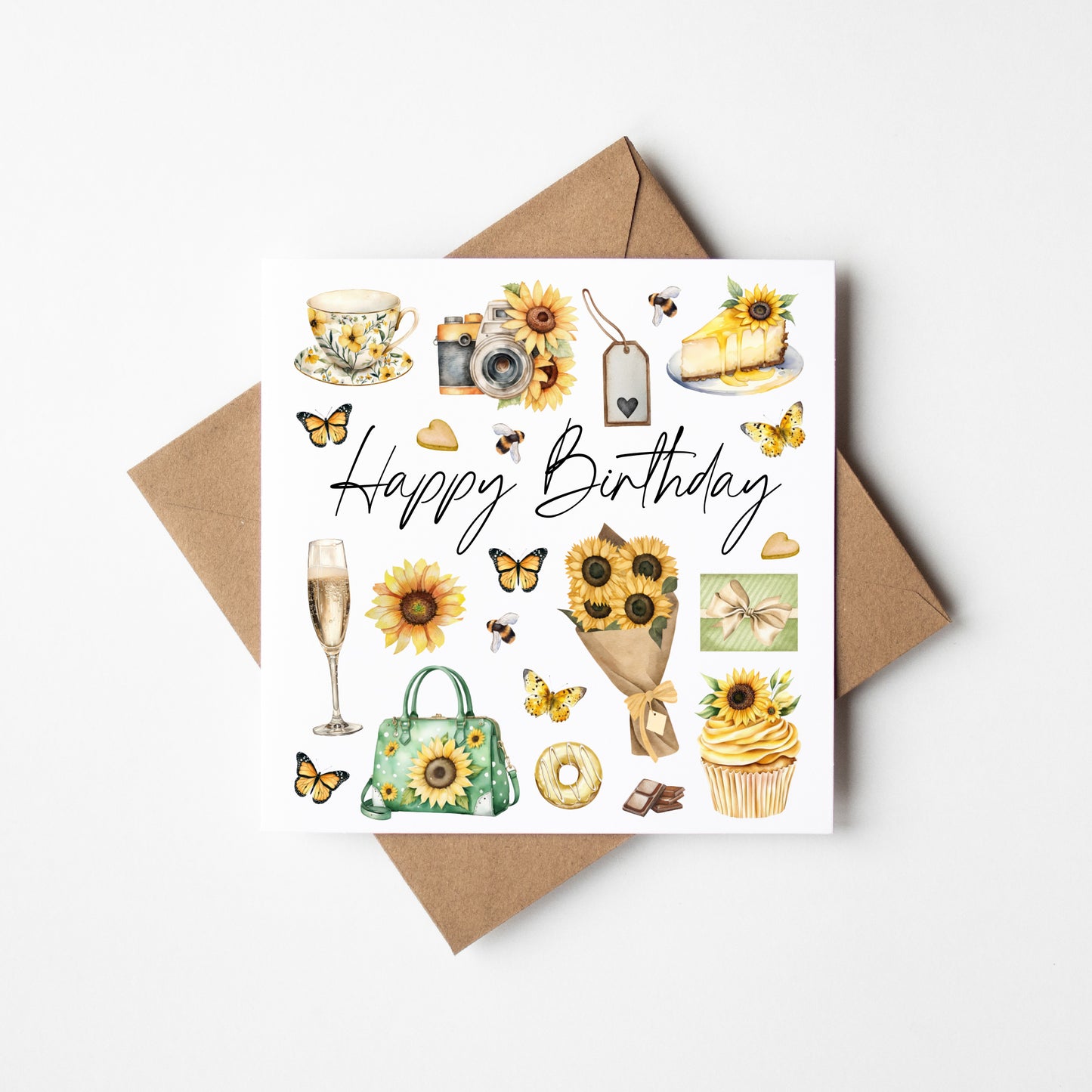 Birthday card, Happy Birthday Sunflowers yellow & beige butterflies birthday themed friends birthday card flower birthday card with envelope