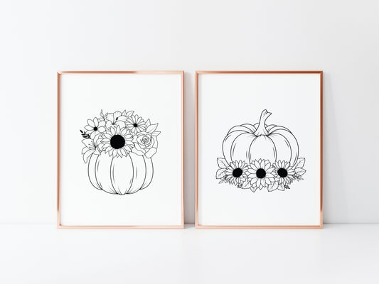 Set of 2 pumpkin sunflower illustrations unframed prints, line art, line art drawing, halloween autumn seasonal decor, wall art print sets