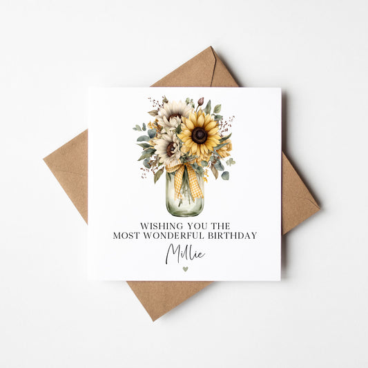 Personalised Sunflower bouquet Birthday Card for women, Mum, Daughter, friends with envelope