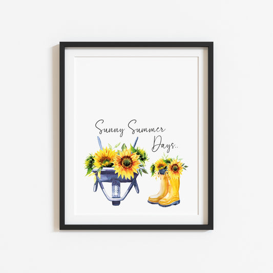 Sunny Summer days, watercolour sunflowers boots and wheel barrow unframed wall art poster print
