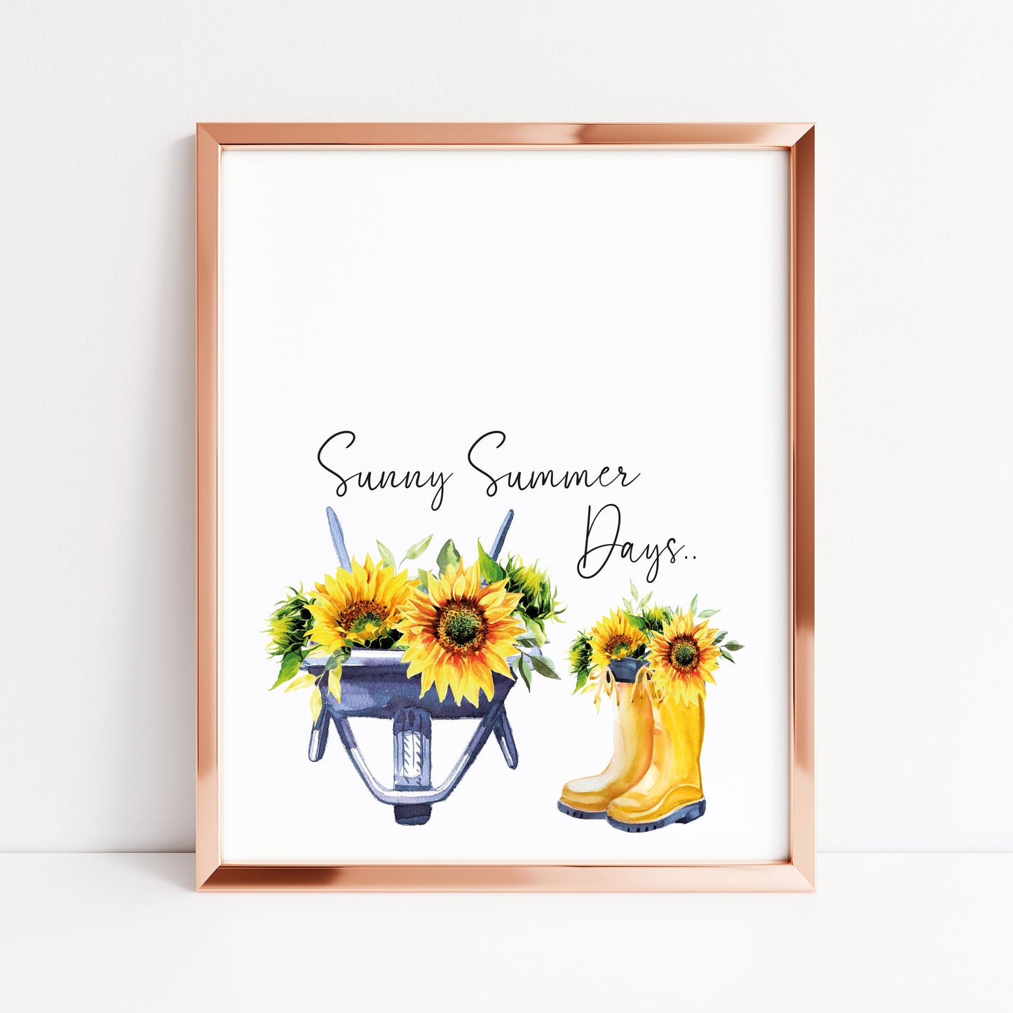 Sunny Summer days, watercolour sunflowers boots and wheel barrow unframed wall art poster print