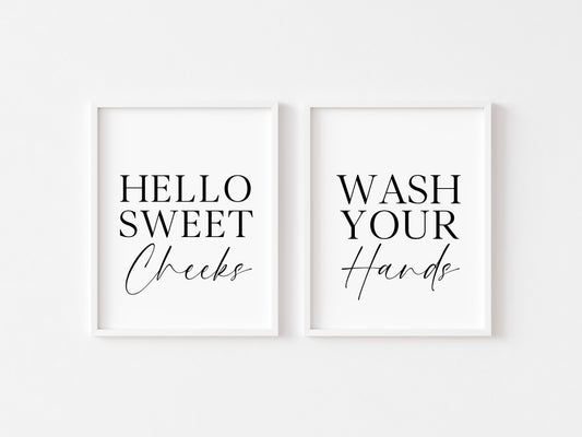 Set of 2 bathroom prints, Hello sweet cheeks, wash your hands set of bathroom unframed wall art poster prints, set of bathroom wall art