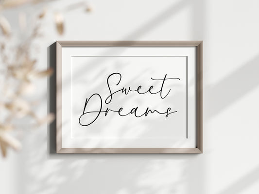 Bedroom print, Sweet dreams landscape bedroom simple typography unframed wall art poster print