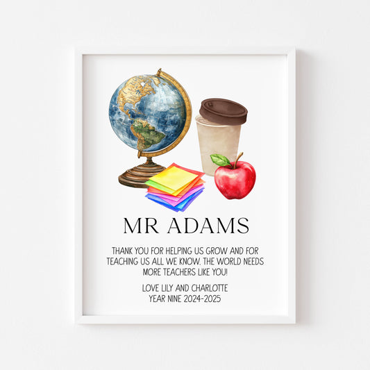 Personalised Thank you teacher unframed print personalised teacher gift end of term gift end of year gift school gift teacher gift ideas