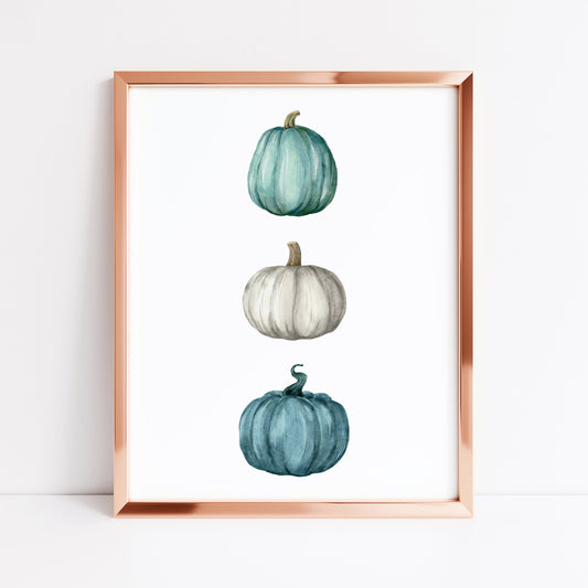 Autumn Pumpkin trio, teal, blue green seasonal watercolour unframed wall art poster print