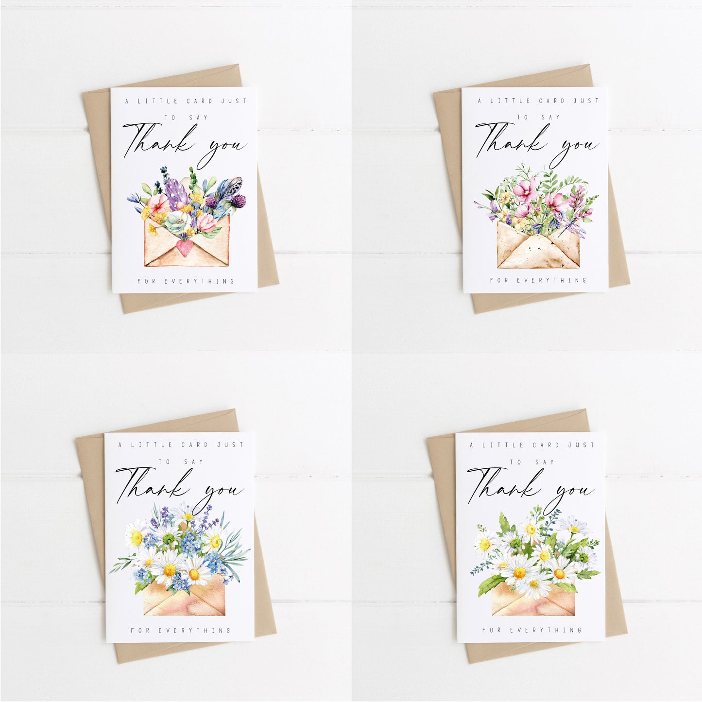 Pack of 4 Thank you cards, a little card to say thank you floral envelope daisy lavender feather watercolour pack of cards with kraft brown or white envelopes