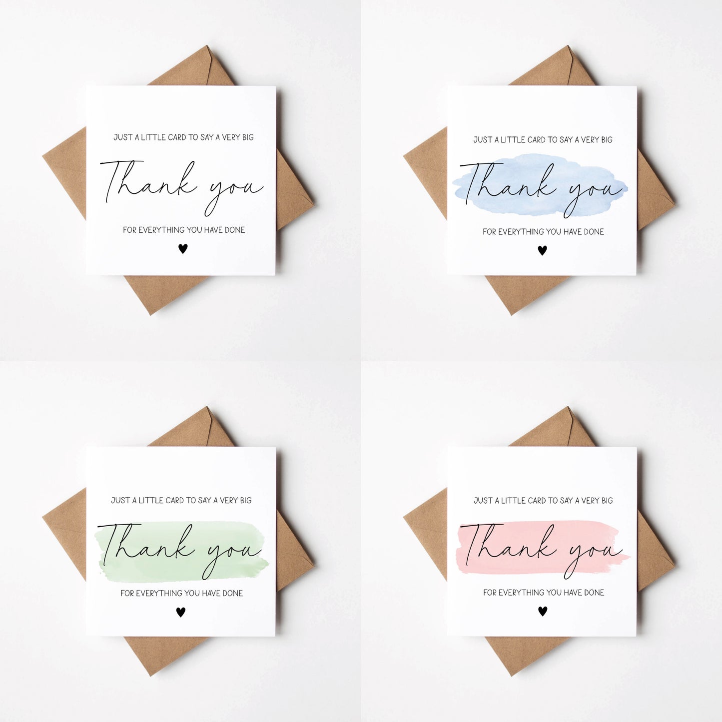 Thank you cards Pack of 4 A little card to say a big thank you individual styles, watercolour blue pink green colour cards with envelopes