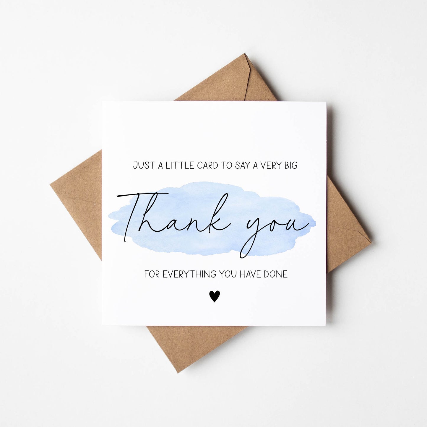 Thank you card, a little card to say a big thank you for everything you have done blue watercolour black heart thank you card with envelope