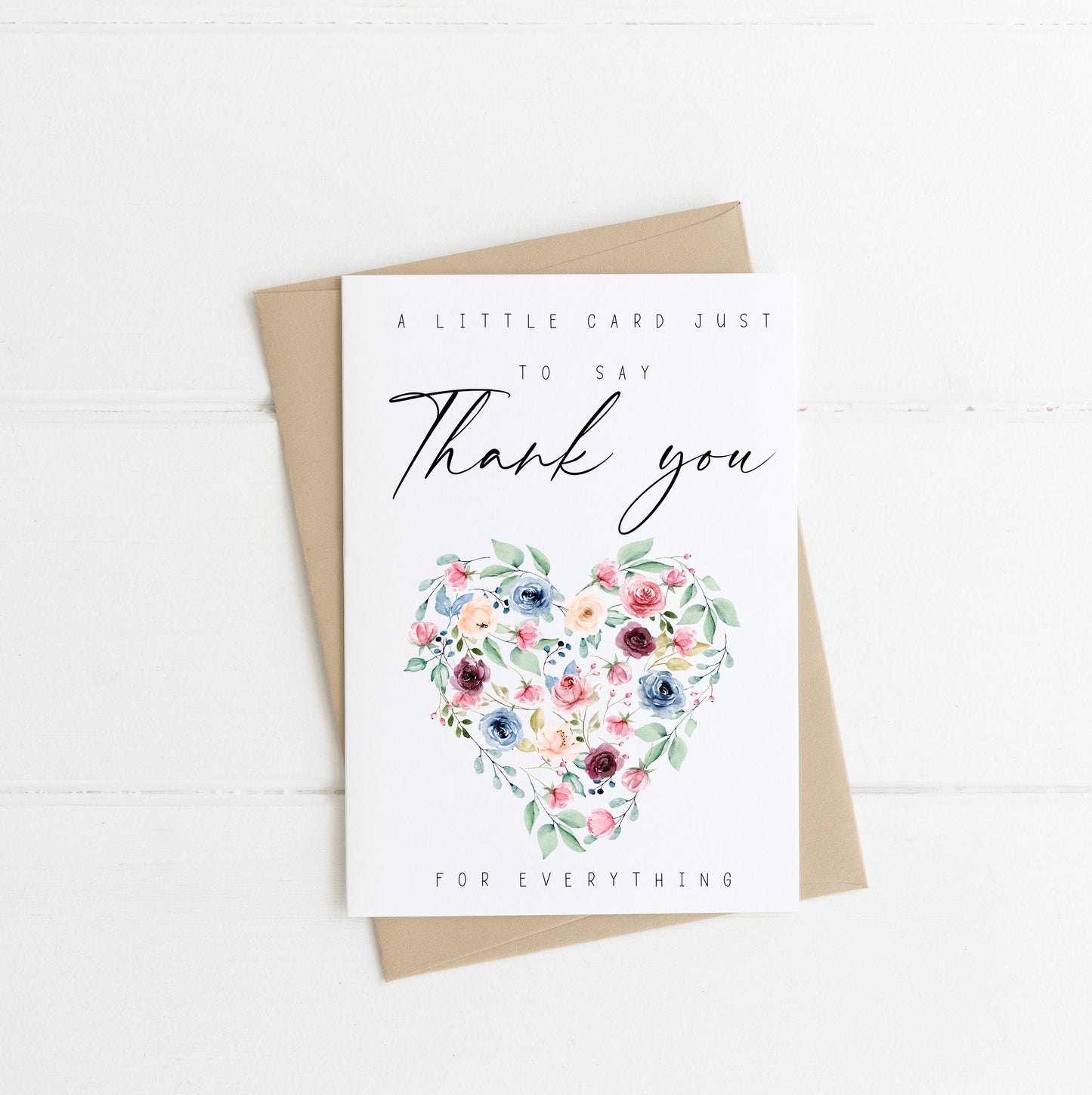 A little card to say thank you for everything blue red pink rose floral heart watercolour style with envelope,kraft brown or white