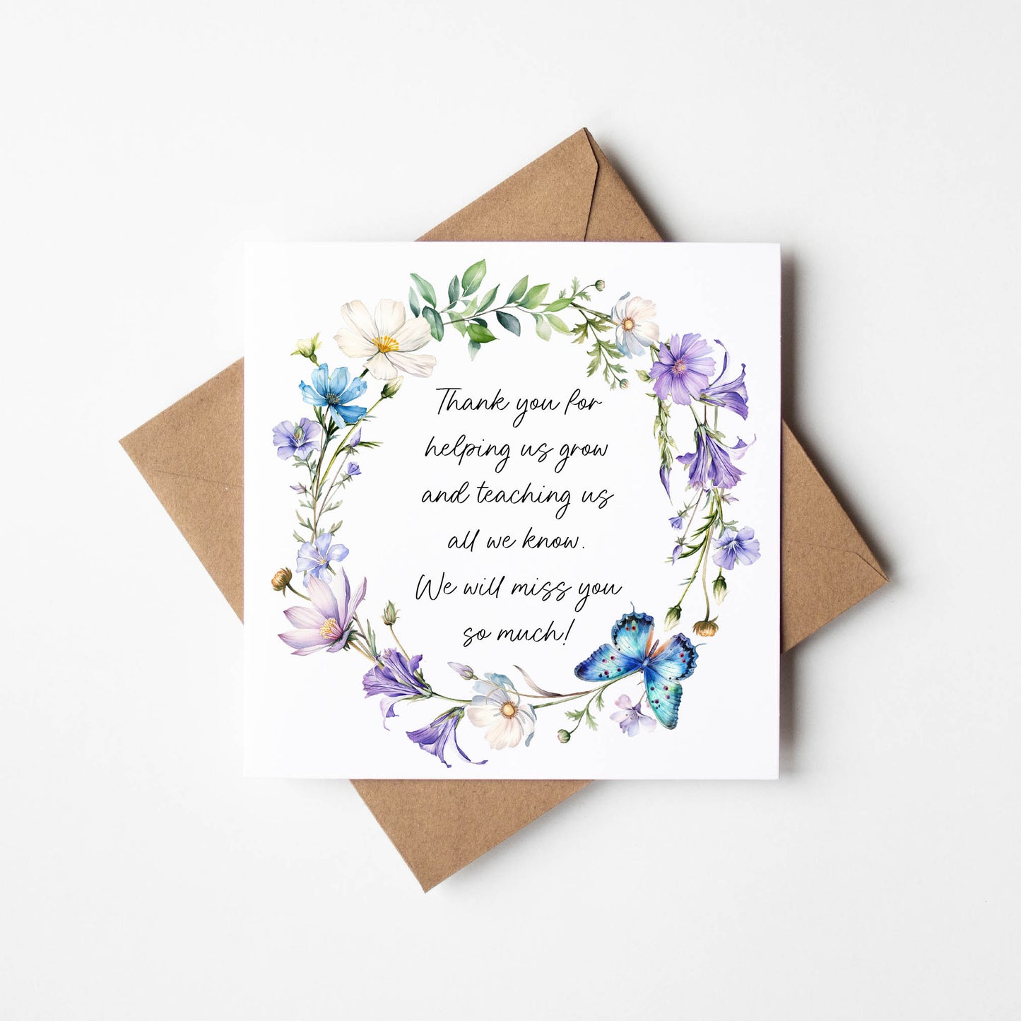 Thank you card, pretty butterfly floral blue poem thank you so much teacher school nursery mentor assistant friend card with brown envelope