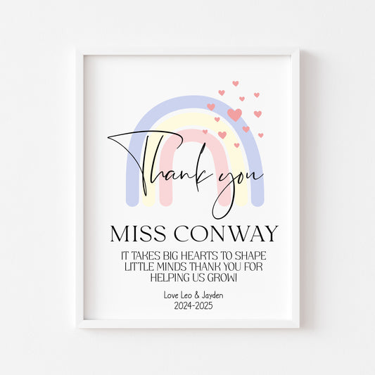 Personalised Thank you Nursery or teacher rainbow hearts unframed print, unique end of term thank you gift for nurseries, teachers, schools