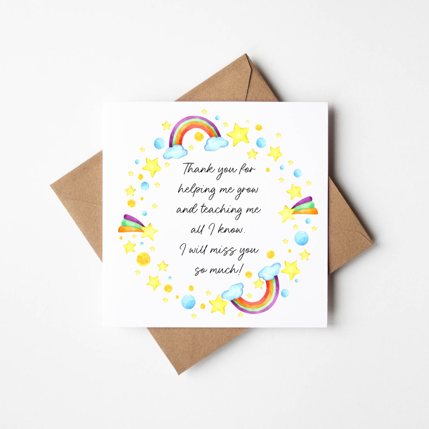 Thank you nursery card, rainbows stars wreath poem thank you so much teacher school nursery mentor assistant friend card with brown envelope