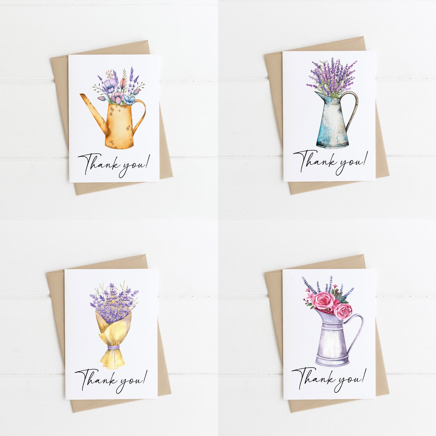 Pack of 4 Thank you cards to say thanks floral daisy lavender watercolour jug bouquet pack of cards with envelopes,kraft brown or white