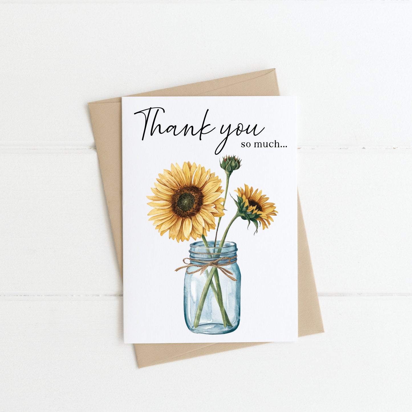 Thank you card, floral sunflowers jar floral watercolour card, thank you cards, just to say thanks, with envelope,kraft brown or white
