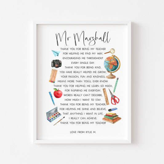 Personalised Thank you teacher gift, end of year teacher gifts unframed wall art poster print
