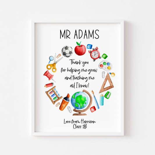 Personalised Thank you teacher gift, thank you for teaching me all I know, end of year teacher gifts unframed wall art poster print