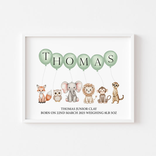Personalised print animal themed green balloons name print safari animals kids nursery birth weight name date unframed wall art poster print