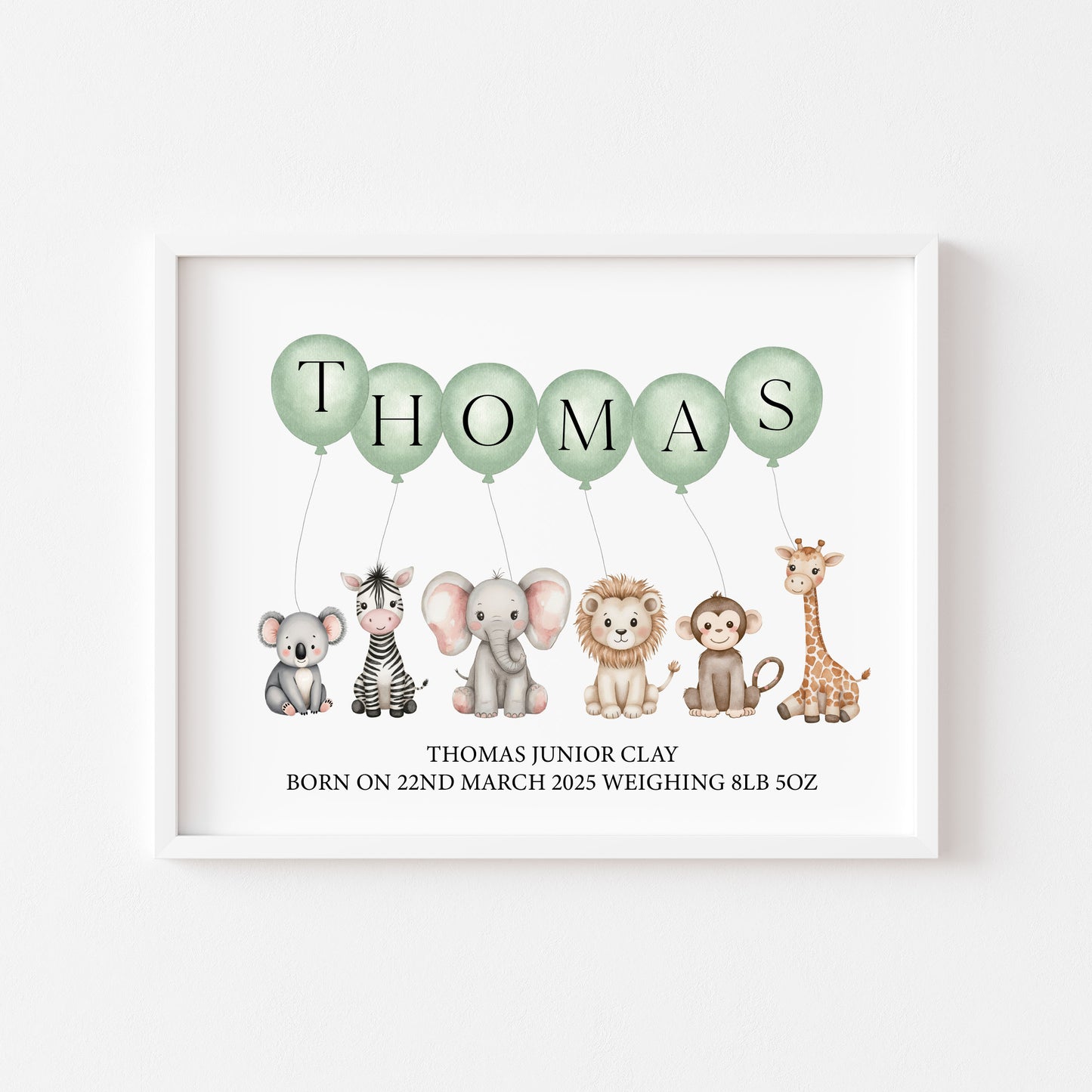 Personalised print animal themed green balloons name print safari animals kids nursery birth weight name date unframed wall art poster print