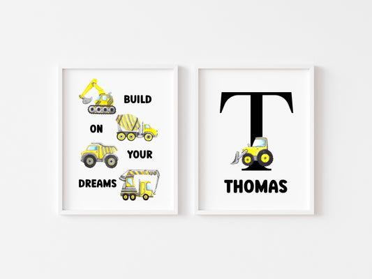 Set of 2, Build on your dreams & personalised initial name truck and digger watercolour bedroomunframed wall art poster prints