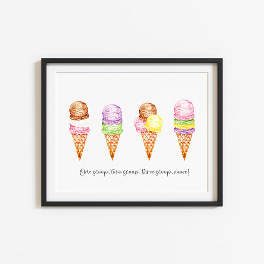 Icecream, one scoop, two scoop, three scoop more illustration summer home wall art unframed poster print