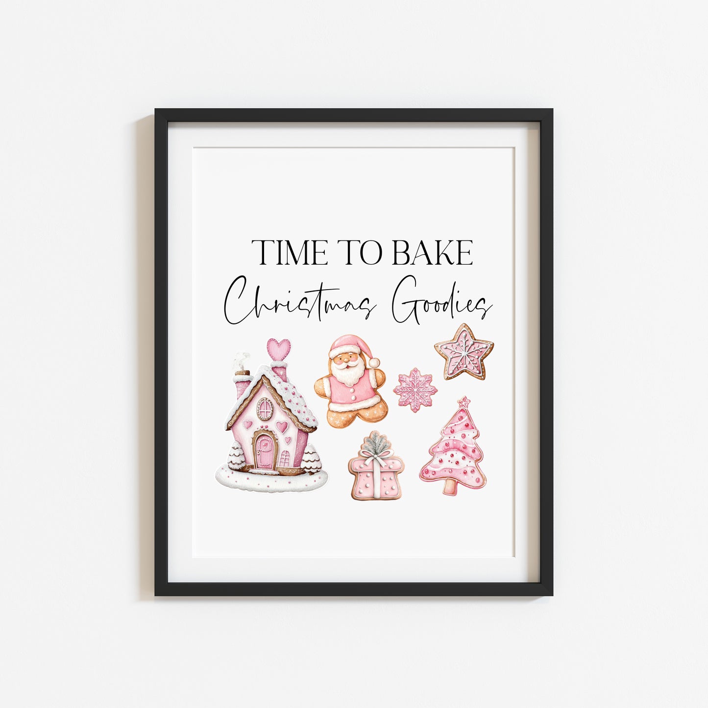 Time to bake Christmas goodies gingerbread pink cute christmas baking seasonal unframed wall art poster print, kitchen decor xmas decor
