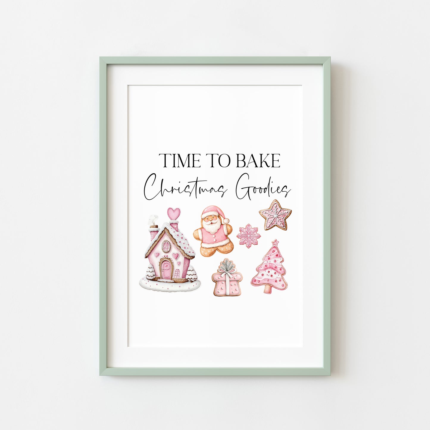 Time to bake Christmas goodies gingerbread pink cute christmas baking seasonal unframed wall art poster print, kitchen decor xmas decor